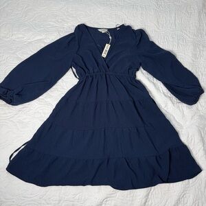 Max Studio London‎ Sapphire Blue Crepe Tiered Long Sleeve Dress Women’s XS NWT